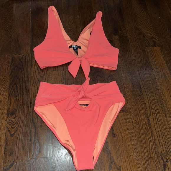 NWOT Free People X Beach Riot Coral Ribbed Bikini Top & High-Rise Bottom Z537-16 - Picture 2 of 6